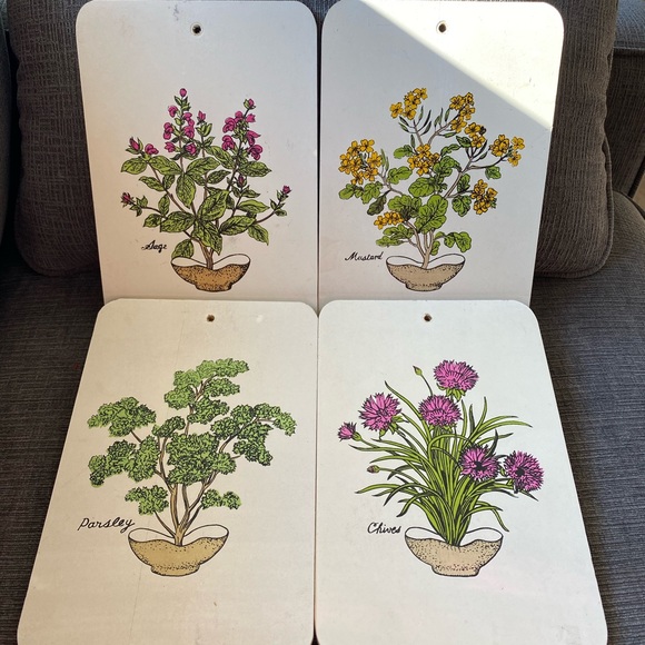 Vtg 4x wood plaques of sage/mustard/parsley/chives